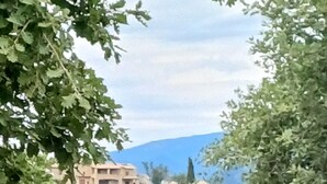 Vista d'un assentament al turó amb edificis, envoltat de vegetació i una muntanya al fons.