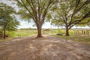 A park with a large tree, a covered picnic area, and a dirt path. - Yard, Deck & Fire Pit: Cedar Creek Reservoir Gem (Mabank)
