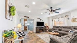 A living room with a sofa, TV, fireplace, and decorative plants.