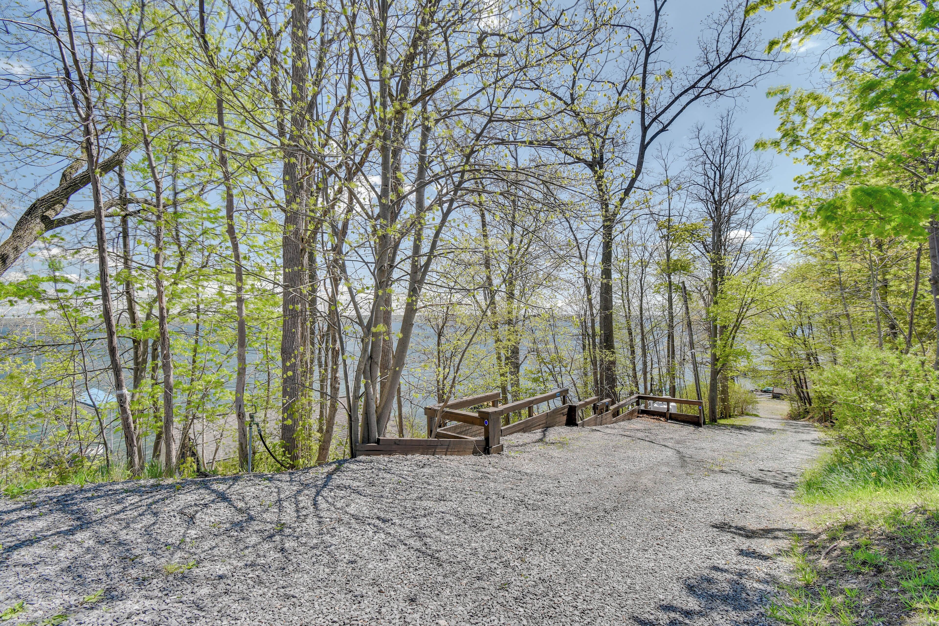 A gravel path leading to a wooden bench overlooking a body of water, surrounded by trees.