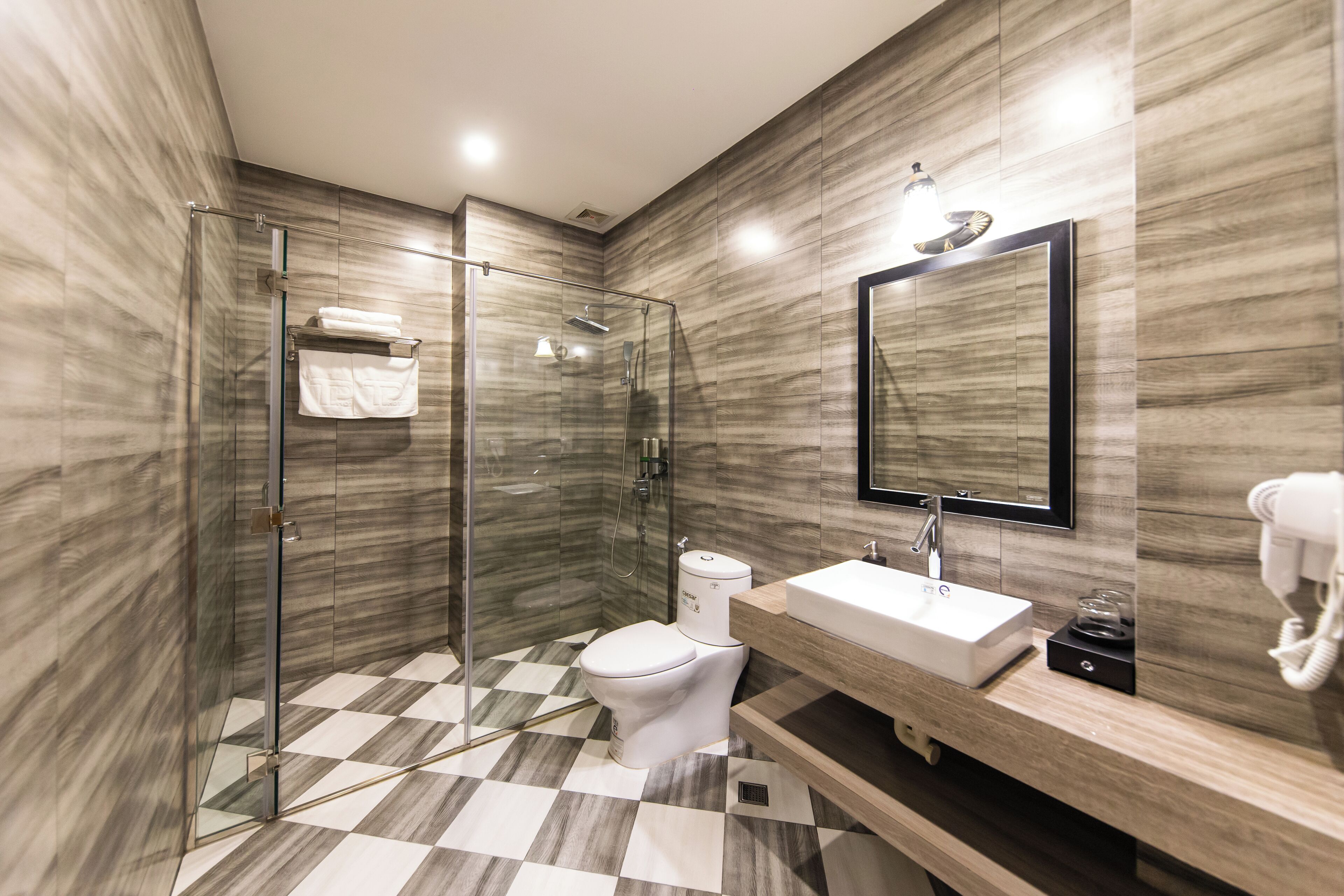 A modern bathroom with a glass-enclosed shower, a white toilet, and a sink with a mirror above it.