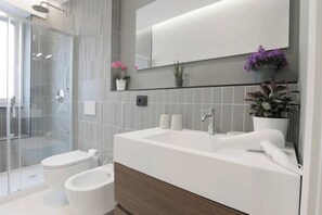 Shower, hair dryer, bidet, towels