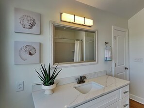 A bathroom with a white vanity, a large mirror, two framed shell artworks, a potted plant, and a shower with a towel rack.