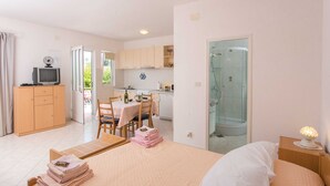 A hotel room with a bed, a desk, a chair, a small kitchen area, and a shower. - Apartments Miljan Popovic (Konavle)
