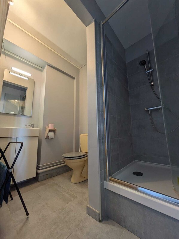 Douche, séchoir à cheveux, serviettes fournies, savon