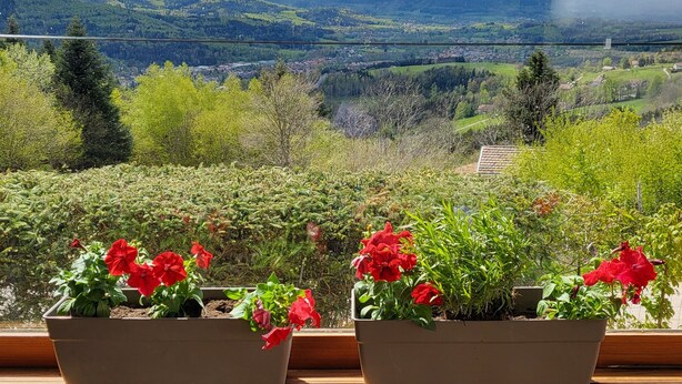 A view from a window with two flower pots on a wooden ledge, overlooking a landscape with hills and a town. - L'évasion au Chalet de Fraize Avec vue Imprenable,équipé de Vélos Électriques (Fraize)