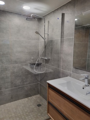 Douche, séchoir à cheveux, serviettes fournies, papier de toilette