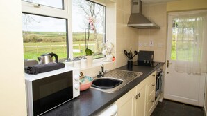 A kitchen with a microwave, kettle, sink, and window with a view of the countryside. - Penlon Annex, Aberporth (Aberporth)