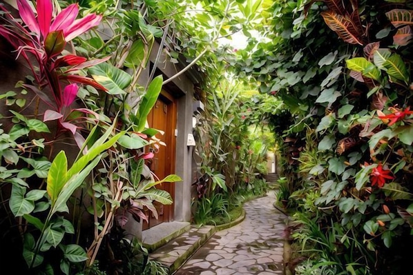 A narrow stone pathway flanked by lush greenery and a wooden door.