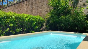 A clear swimming pool with a tiled edge, surrounded by lush greenery and a stone wall. - Luxury Villa with Private SPA, Heated Jacuzzi, Pool and Sea-View Terrace (Sorrento)