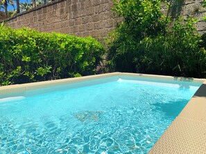A clear swimming pool with a tiled edge, surrounded by lush greenery and a stone wall. - Luxury Villa with Private SPA, Heated Jacuzzi, Pool and Sea-View Terrace (Sorrento)