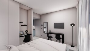 Un dormitorio moderno con una cama, un escritorio, dos sillas, un espejo y una lámpara de pie.