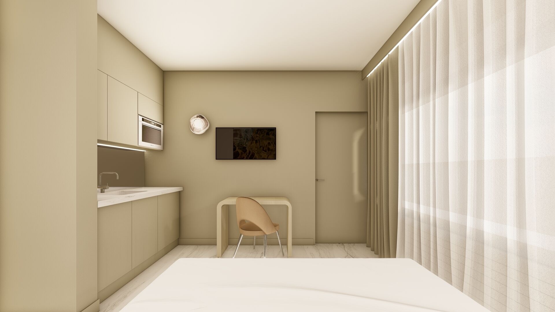 Quarto moderno e minimalista, com cozinha, mesa de jantar e uma grande janela com cortinas.