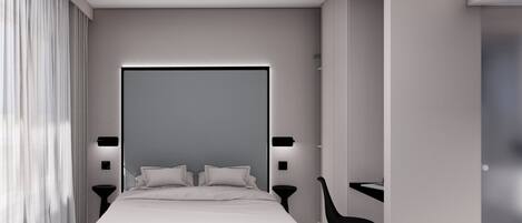 Un dormitorio moderno con una cama grande, mesitas de noche, un escritorio y una silla.