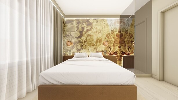 A modern hotel room with a large bed, a marble-patterned wall, and a large window with sheer curtains. - VISIONAPARTMENTS Lugano (Lugano)