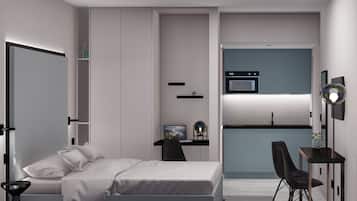 A modern bedroom with a bed, bedside table, and a desk with a chair.