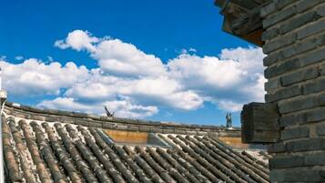 Un techo de tejas tradicionales con cielo despejado y nubes.