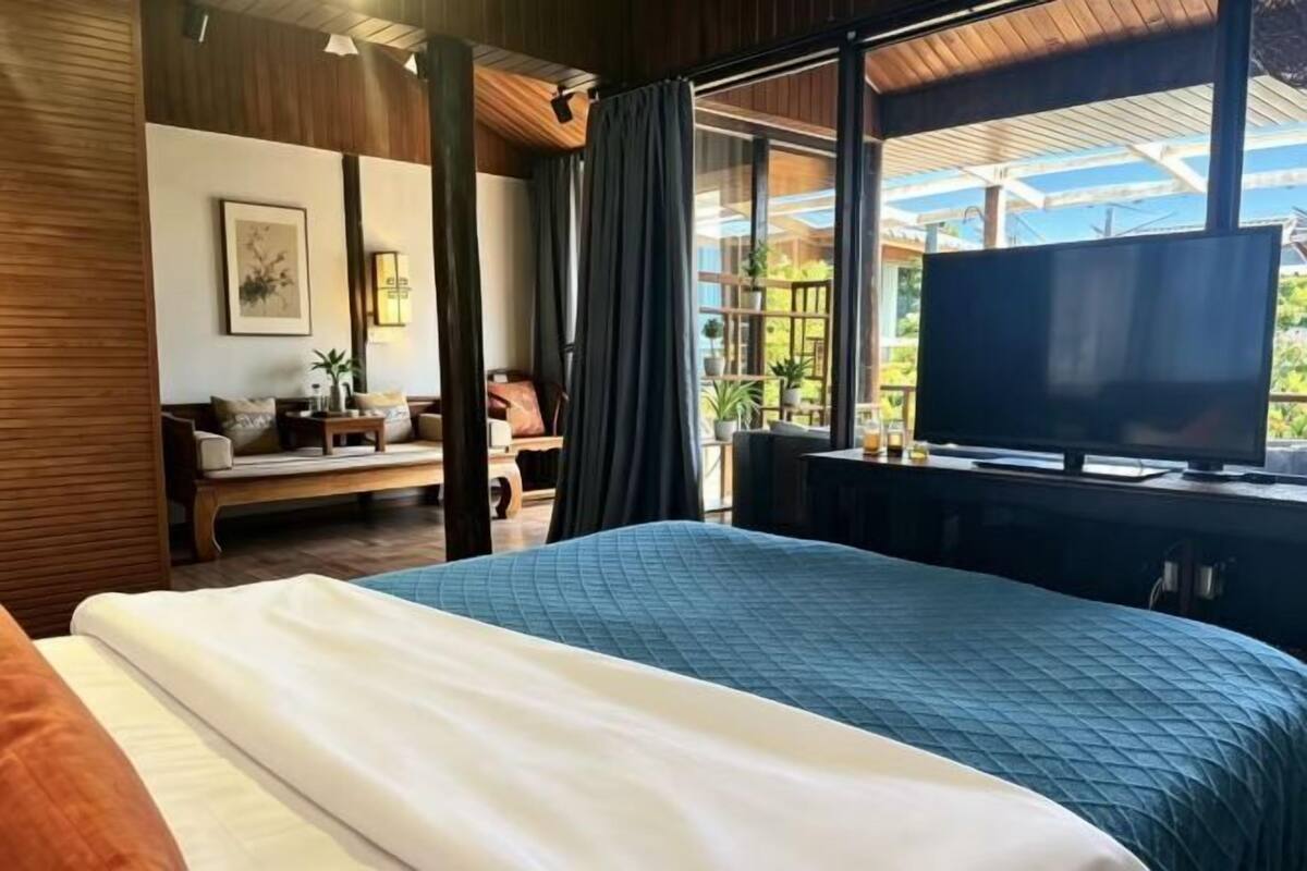 A room with a bed, a TV, a sofa, and a window with curtains.