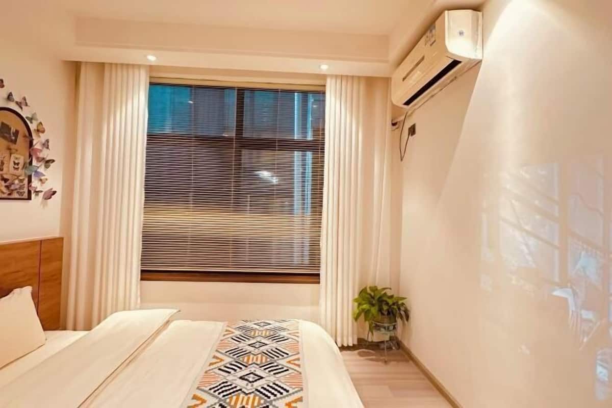 A hotel room with a bed, a window with blinds, an air conditioning unit, and a small plant.