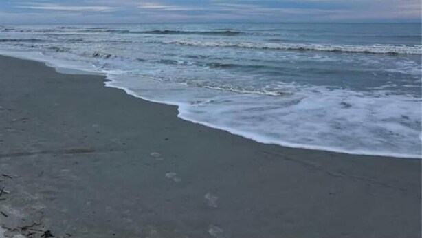 Une plage avec une mer calme et un ciel nuageux.