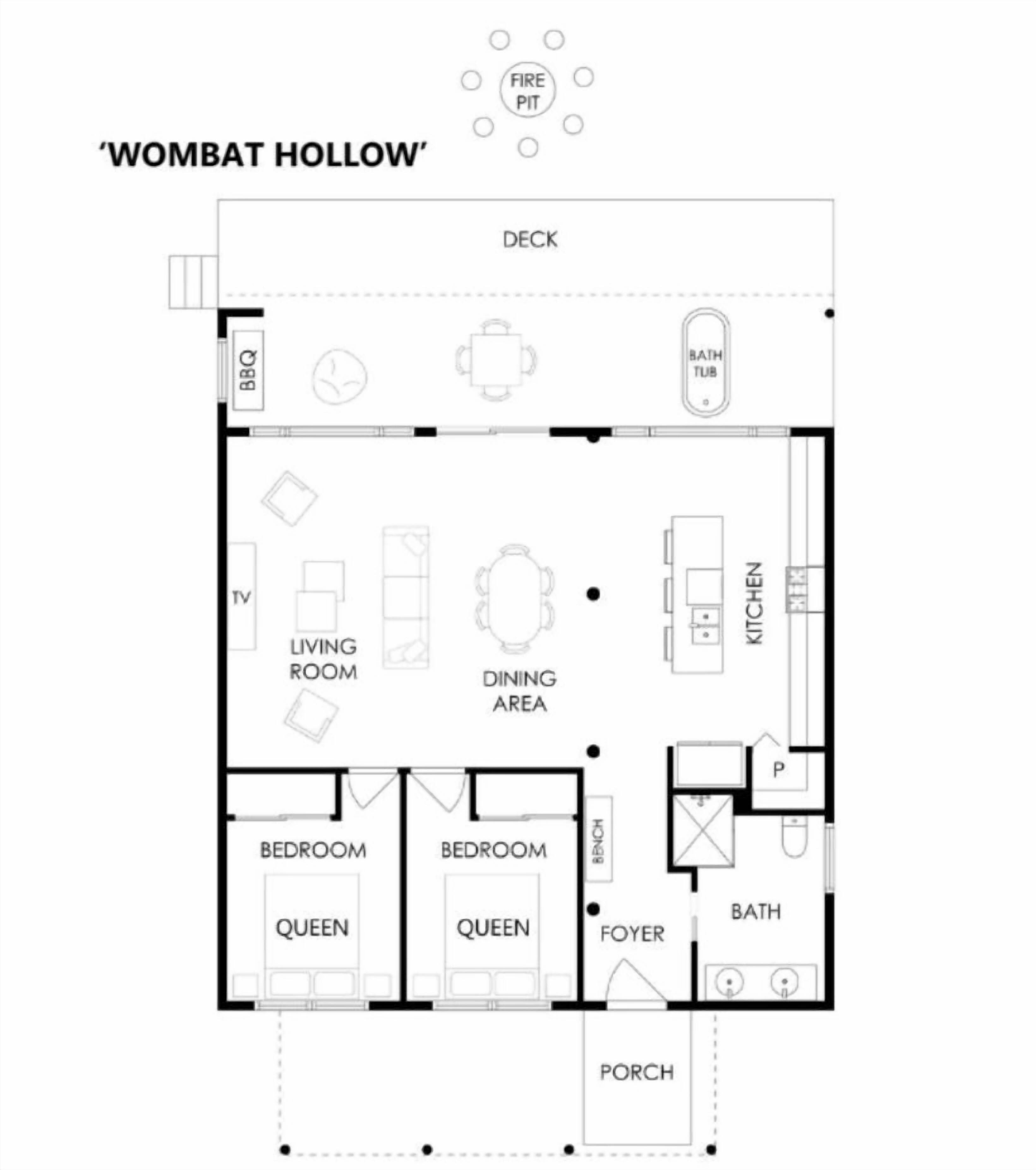 Plano de planta de 'Wombat Hollow' con terraza, barbacoa, sala de estar, comedor, cocina, dos dormitorios indicados como 'Queen', vestíbulo, baño y porche.
