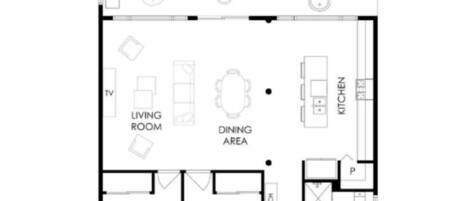 Plano de planta de 'Wombat Hollow' con terraza, barbacoa, sala de estar, comedor, cocina, dos dormitorios indicados como 'Queen', vestíbulo, baño y porche.