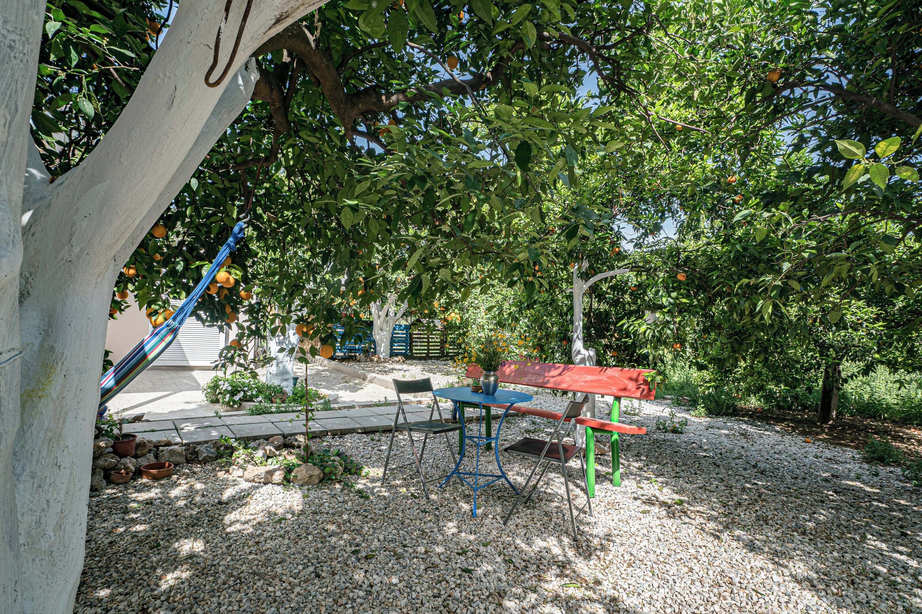 Un espace patio aménagé avec une table et des chaises, entouré d’arbres et agrémenté d’un hamac.