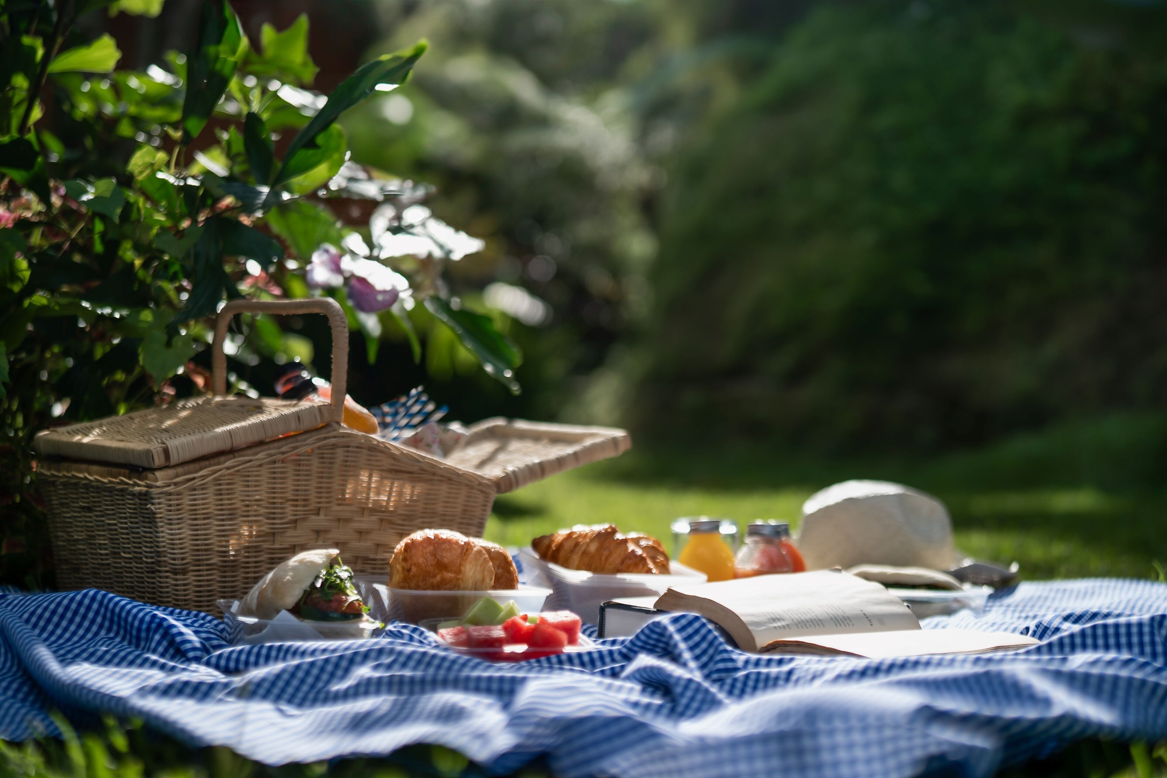 A picnic setup with a wicker basket, croissants, a book, and a bottle of juice on a checkered blanket.