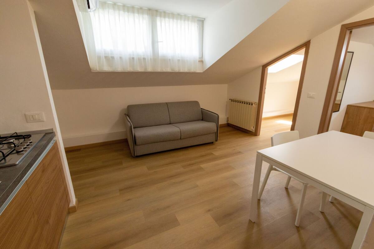 Una habitación amplia con suelo de madera, un sofá, una mesa de comedor y una ventana con cortinas.