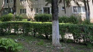 Un edificio de varios pisos con un jardín delantero.