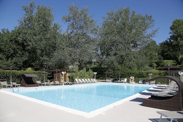 Seasonal outdoor pool, open 10:00 AM to 6:00 PM, pool umbrellas