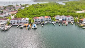 Una zona costera con varios edificios, barcos amarrados en un puerto deportivo y abundante vegetación al fondo.