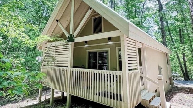A small, single-story cabin with a sloped roof and a porch, surrounded by dense forest. - Robin's Nest Sleeps 6 (Mentone)