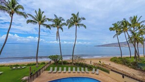 Ein Pool mit Palmen und Blick auf den Strand.
