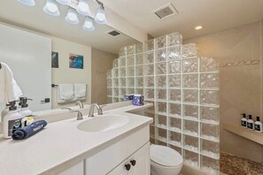 Eco-friendly toiletries, hair dryer, towels, soap