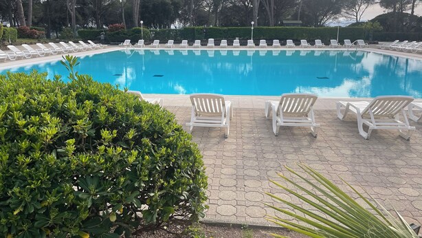A rectangular swimming pool with clear blue water, surrounded by white lounge chairs and greenery. - St Raphaël Piscine Plage Golf Idéal Famille (Saint-Raphaël)
