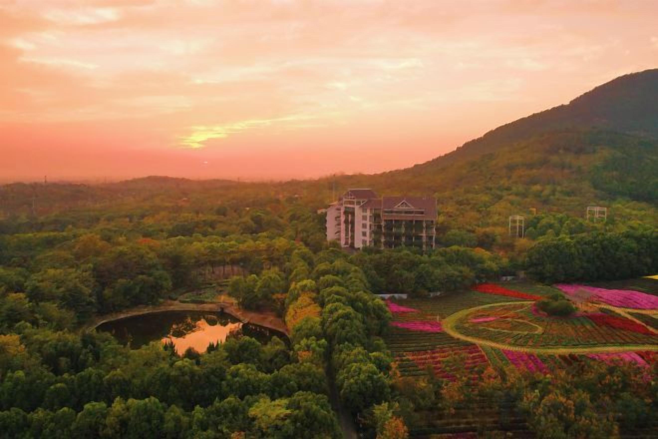 Un hotel rodeado de exuberante vegetación y una masa de agua, con un atardecer de fondo.