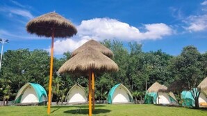 Thatched-roof structures with white walls and green roofs, likely part of a resort or campsite. - Hequan Farm (Bengbu)