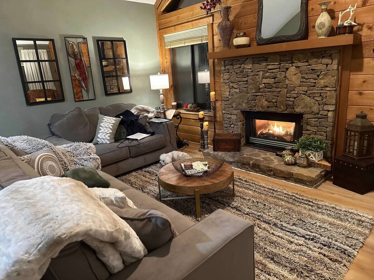 Smart TV, fireplace, books