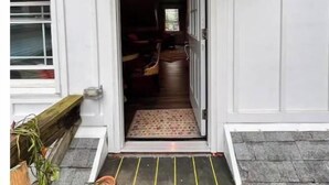 Ein Hauseingang mit einer Holzveranda, einem Teppich, der zum Eingang führt, und einem Blumentopf draußen.