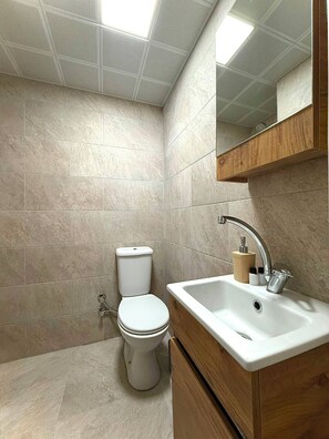 A modern bathroom with a toilet, sink, and mirror. - Bodrum Merkez Kumsal Pansiyon (Bodrum)