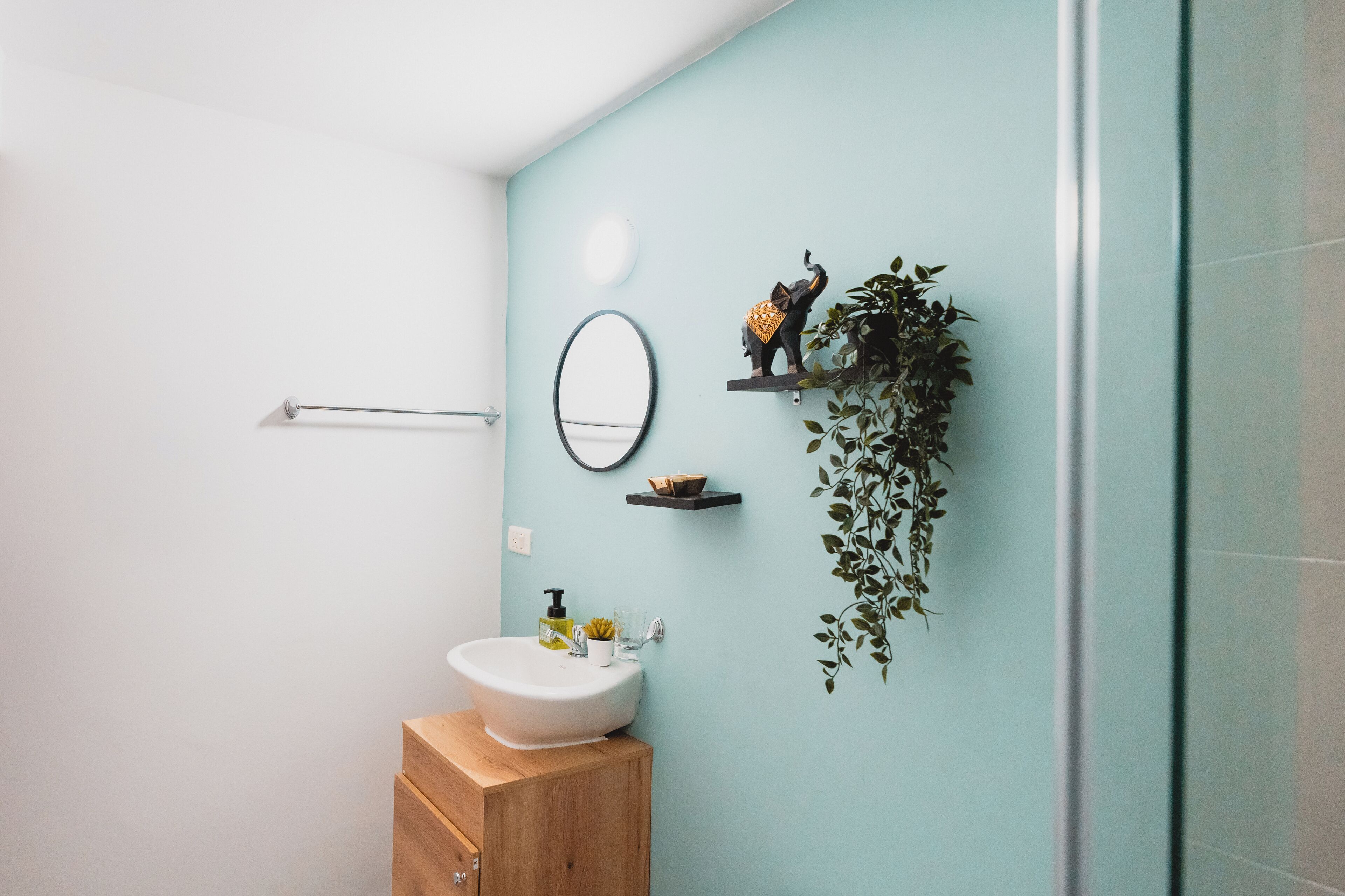 A bathroom with a white sink, wooden cabinet, mirror, and decorative items including a small elephant figurine and a hanging plant.