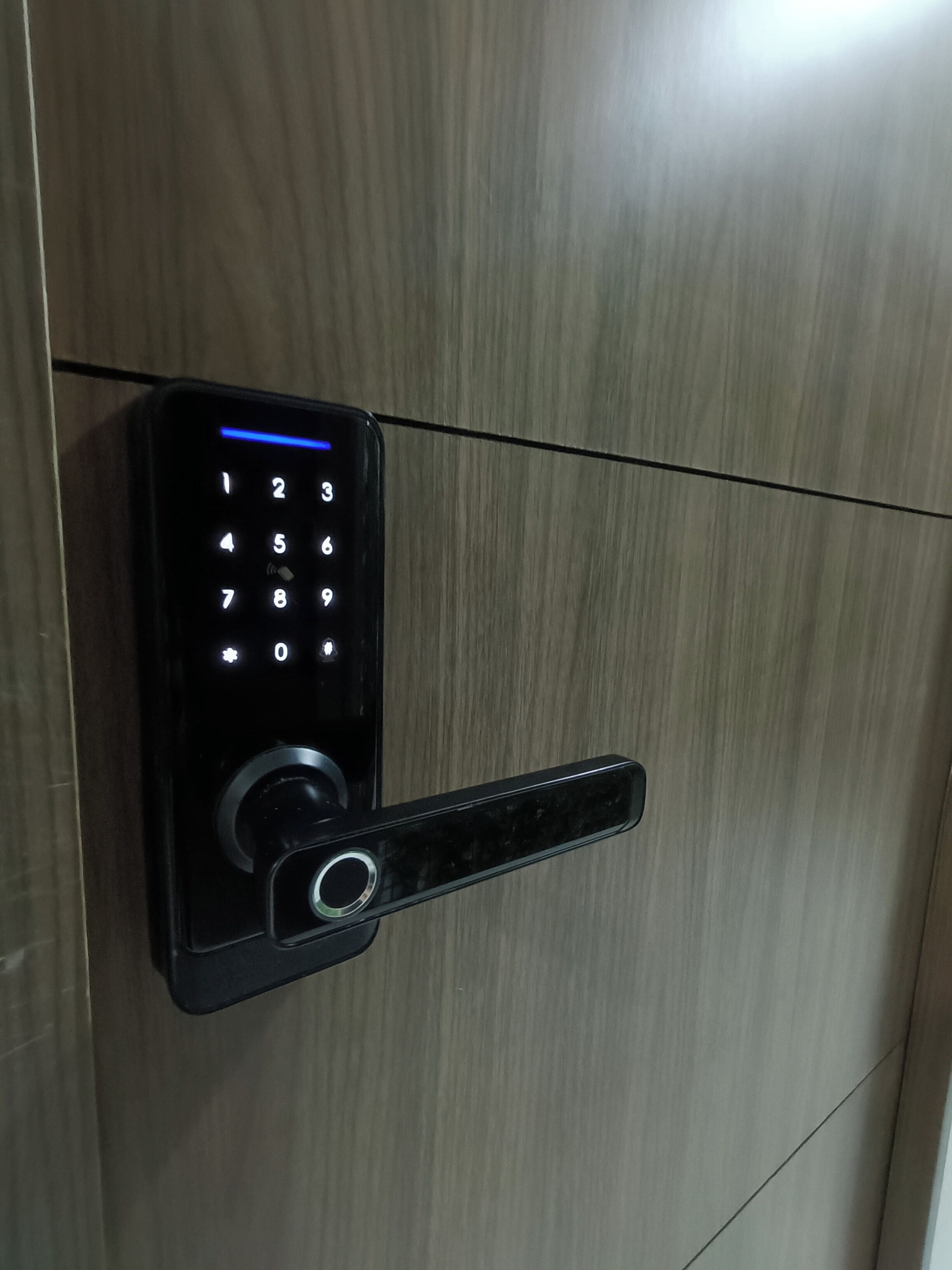 Un clavier numérique moderne sur une porte en bois.