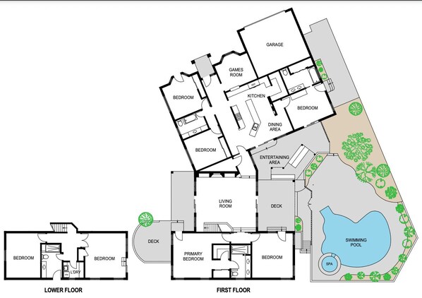 A floor plan of a hotel with a swimming pool, spa, and deck areas. - Oak Creek Oasis: Pool, Views, Golf, Playground (Sedona)