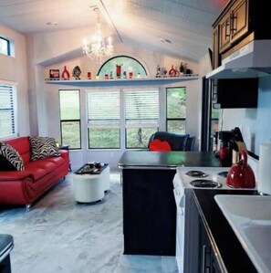 Réfrigérateur, four, batterie de cuisine, vaisselle et ustensiles