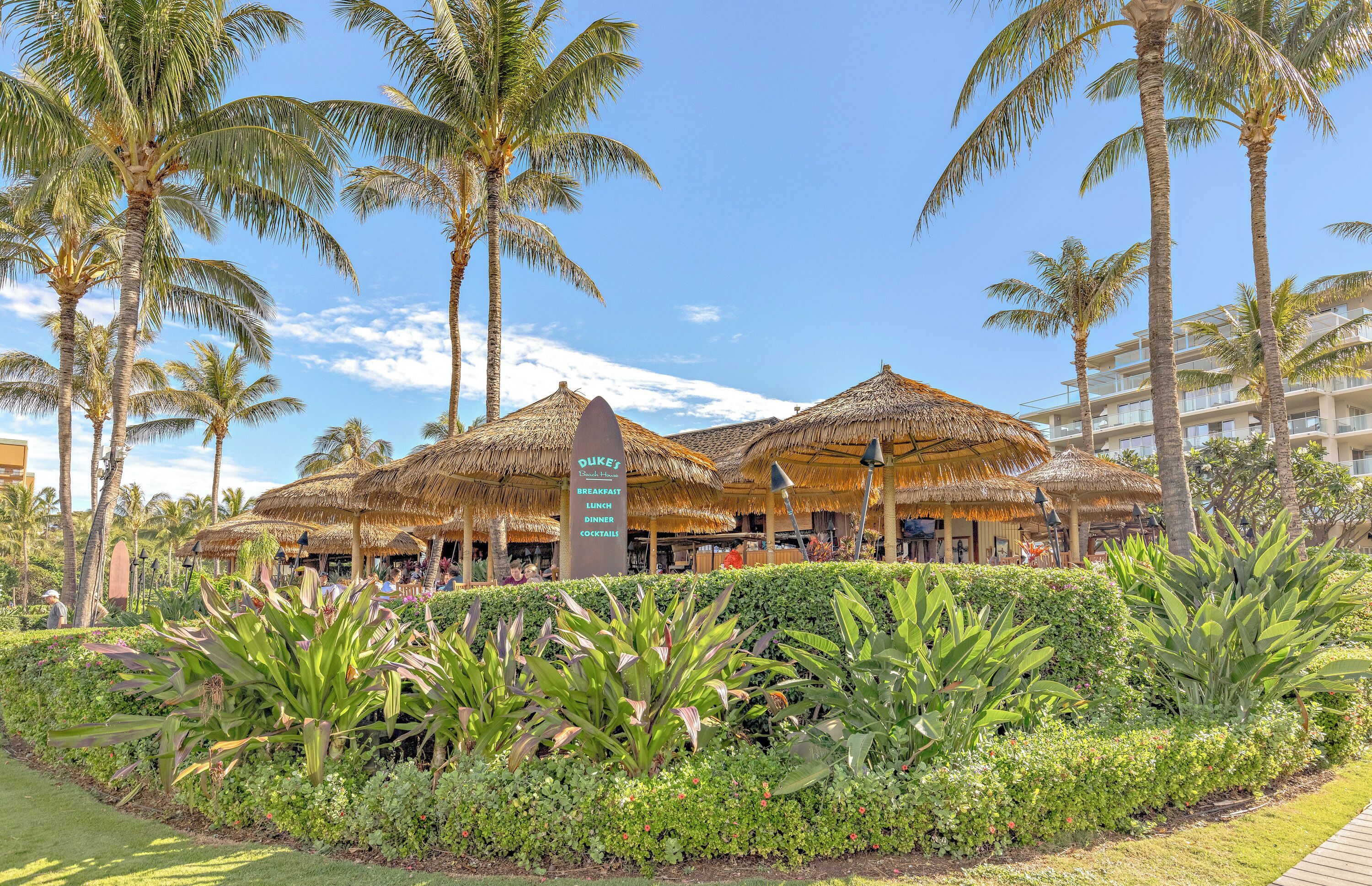 A resort with thatched-roof structures, palm trees, and a well-maintained garden.