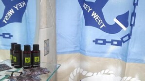 A bathroom with a towel hanging on a rack and a shower curtain with a marine design. - Studios Agira Serifos (Serifos)