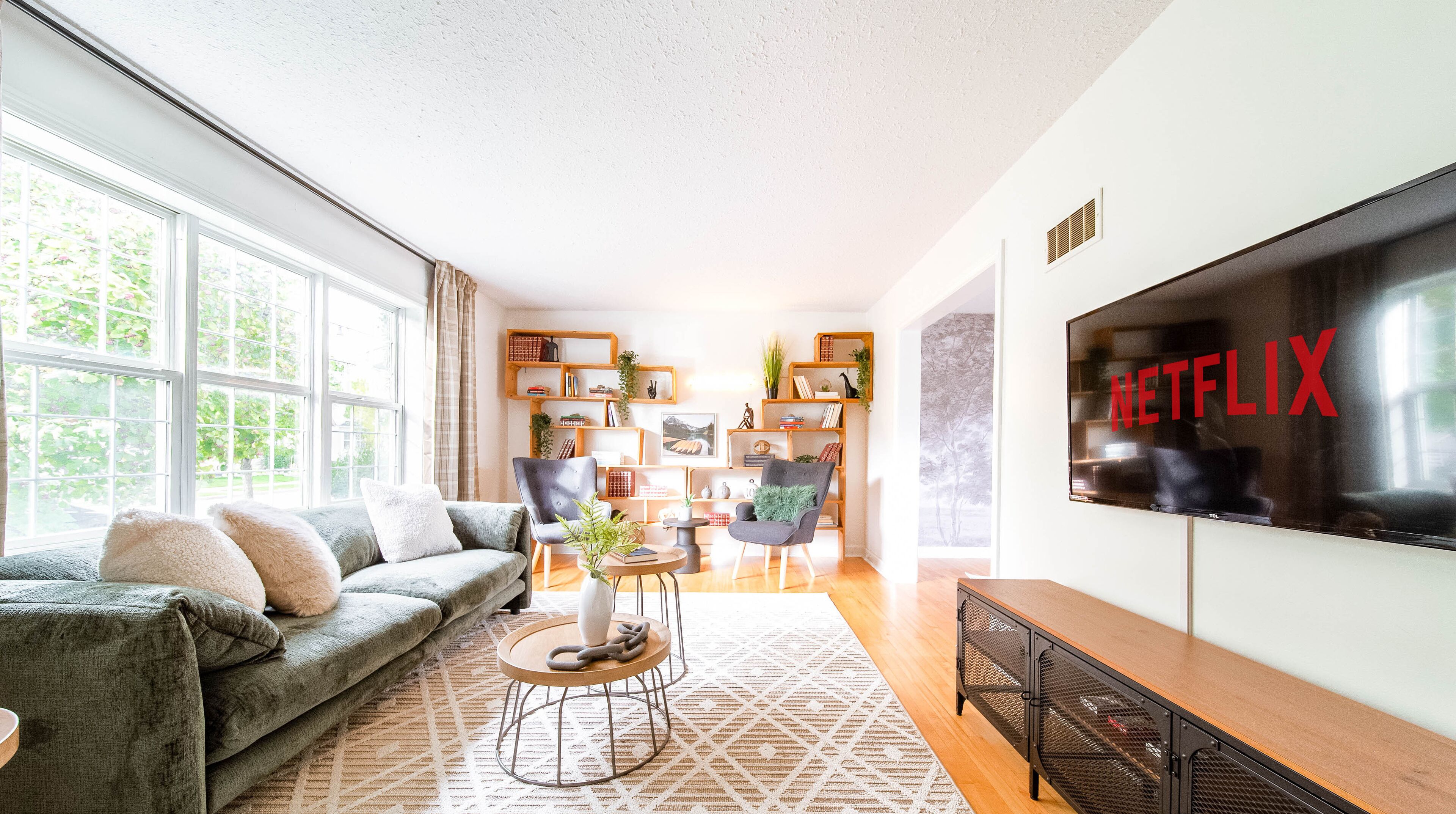 Smart TV, fireplace, table football, books