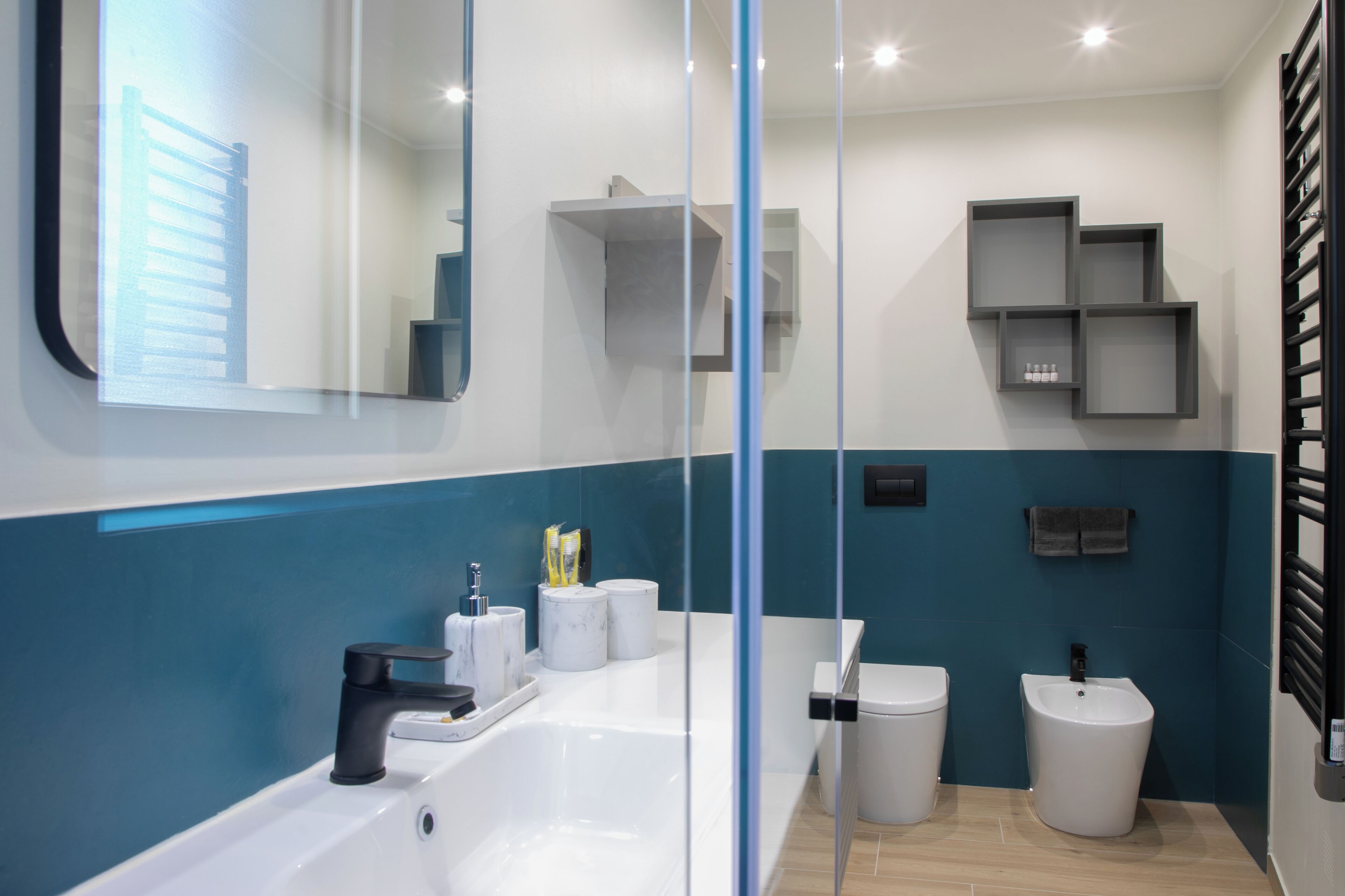 Shower, hair dryer, bidet, towels