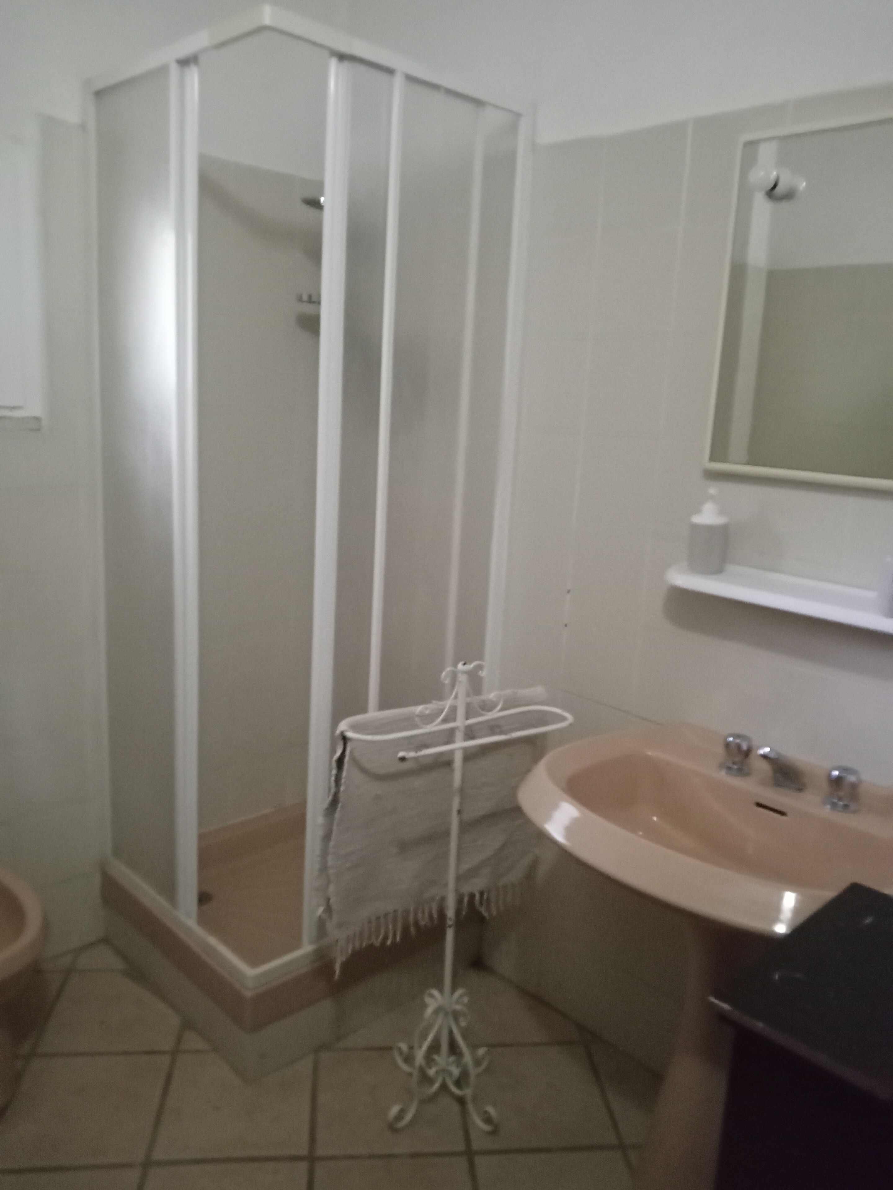 A bathroom with a shower enclosure, a sink, and a mirror.